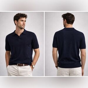 Reiss Merino Wool Knit Polo Sweater Navy Size S Men Short Sleeve Luxury